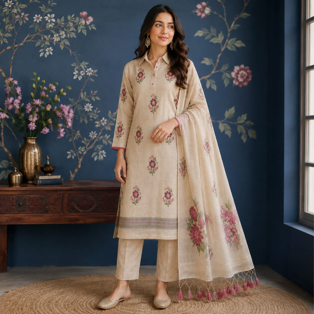 Jamdani Chappa Silk With Pink Floral Design Embroiderey Suit Sets