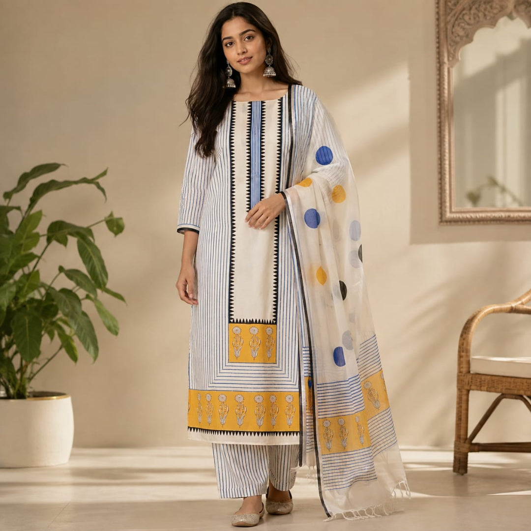 White And Blue Geometric Hand Block Print Dress Material