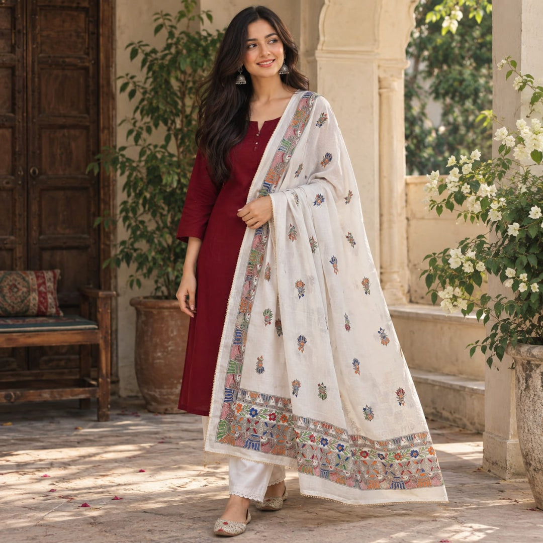 Madhubani Hand painted Cream Colour Fish Motif Dupatta
