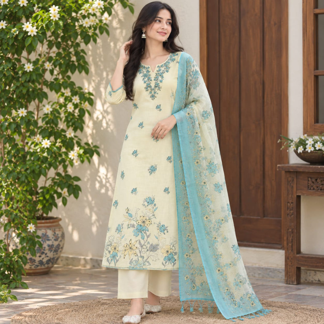 Cream With Blue Floral Print Cotton Voile Unstitched Suit Set