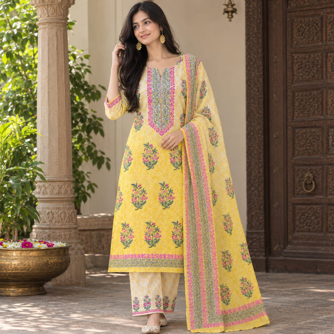 Dual Shade Yellow And Cream Hand Block Print Dress Material