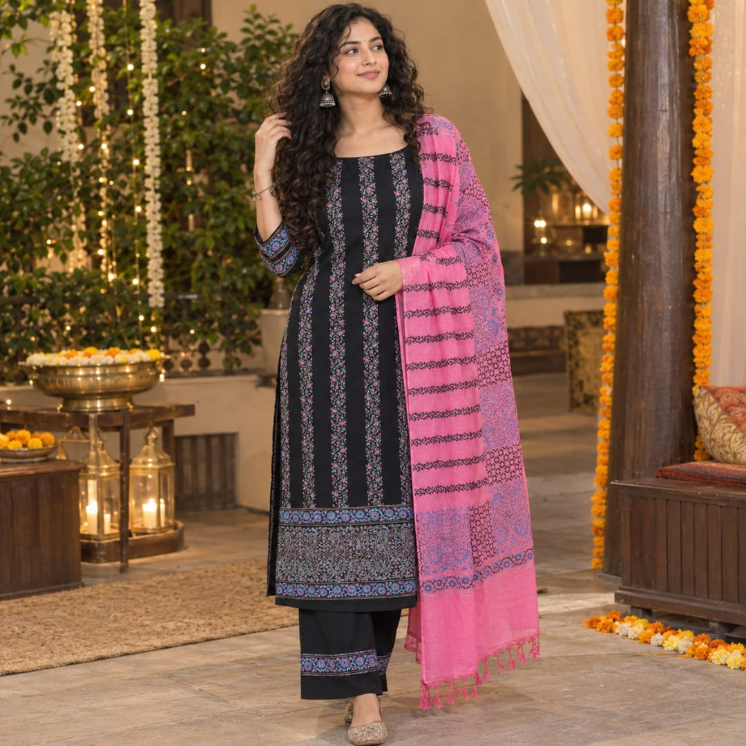 Black Paisley Hand Block Print Dress Material