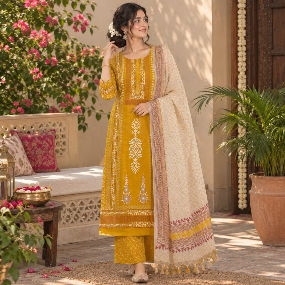 Mustard Yellow Hand Block Print Dress Material
