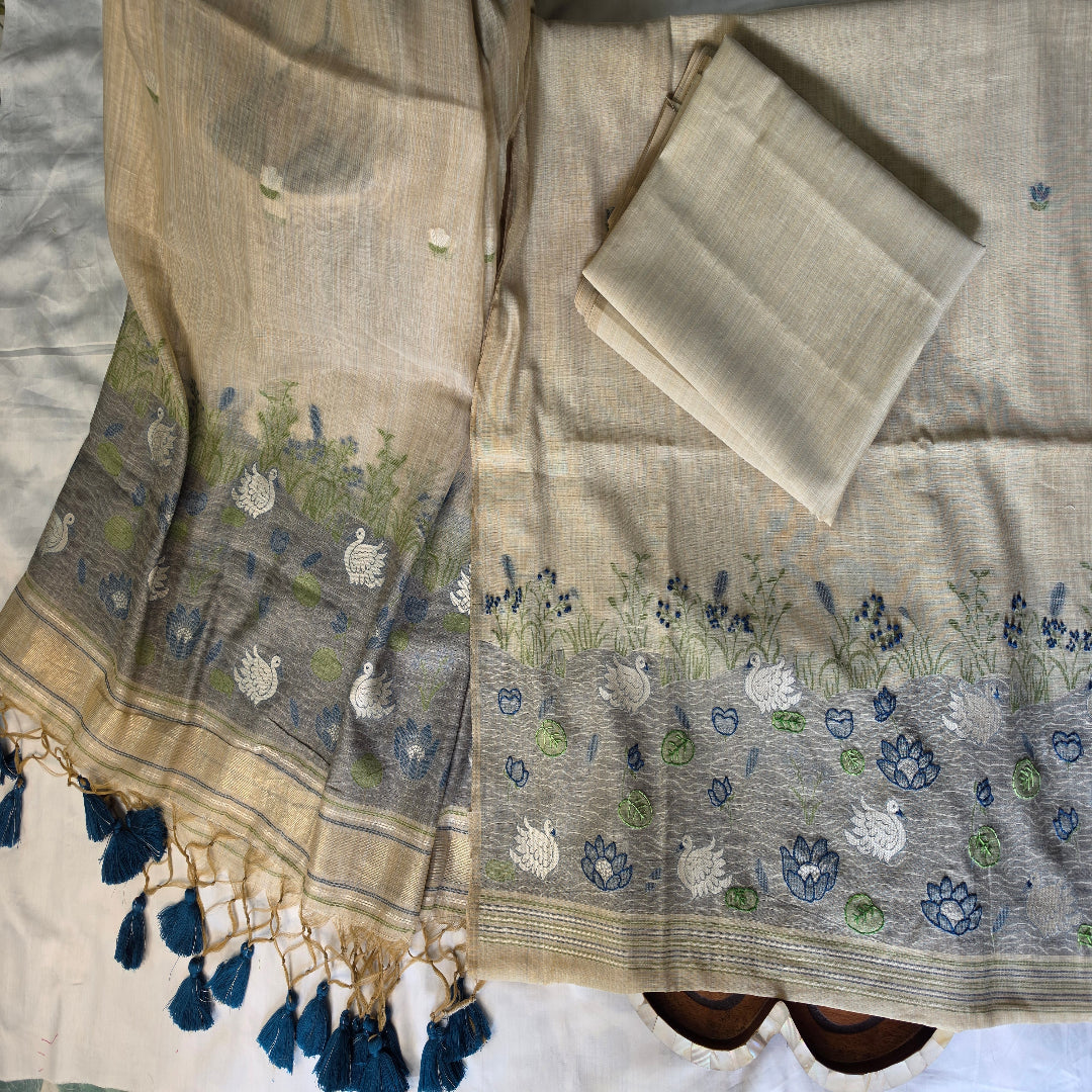 Jamdani Chappa Silk Swan Design Embroidered Suit Sets