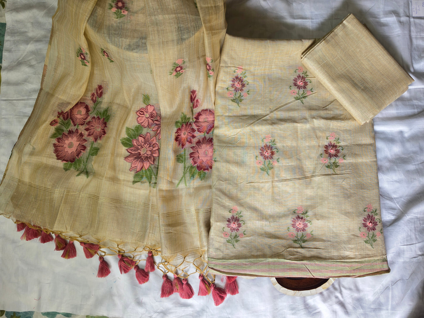 Jamdani chappa silk with pink floral design embroiderey suit sets
