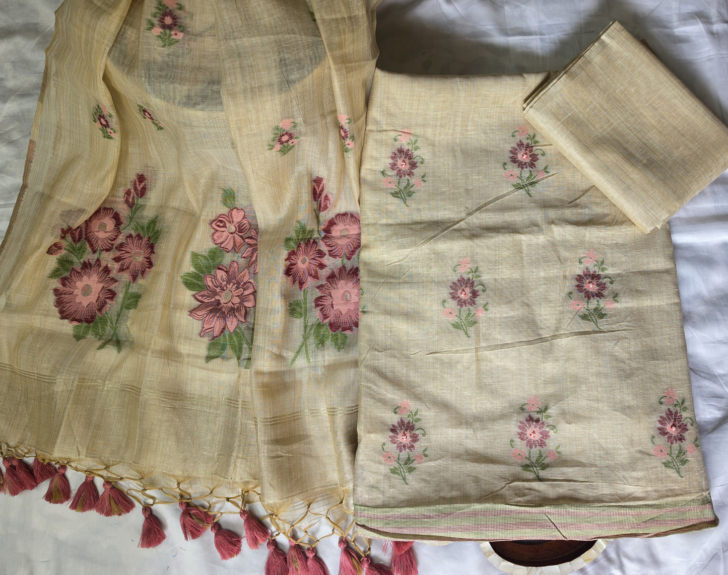 Jamdani chappa silk with pink floral design embroiderey suit sets