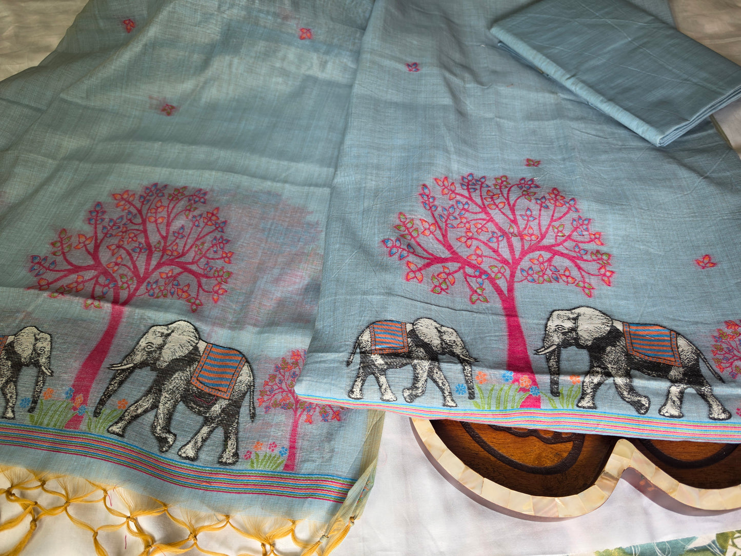 Blue Jamdani Muga Cotton