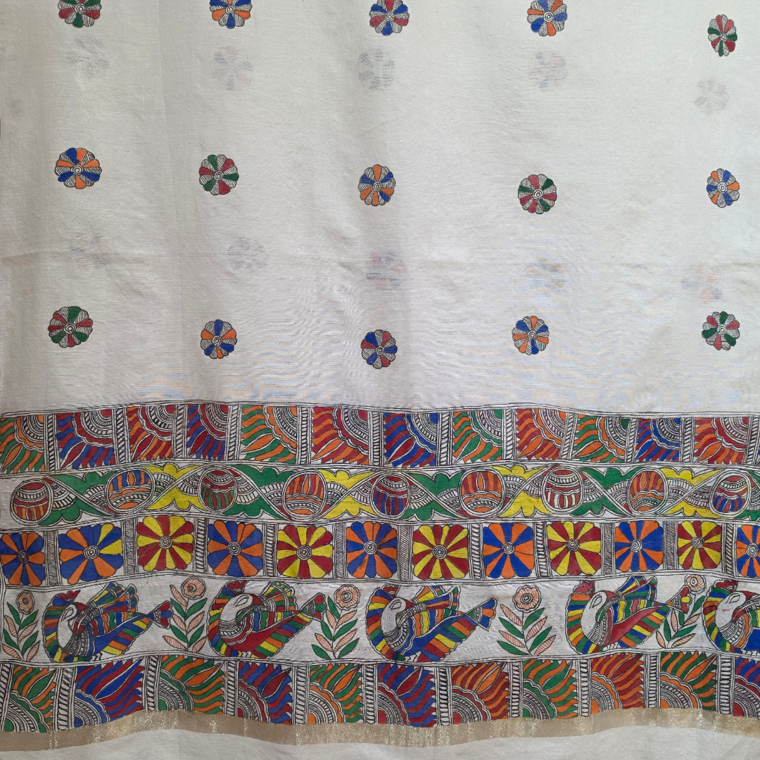 Madhubani Hand Painted Cream Colour Lotus Motif Dupatta