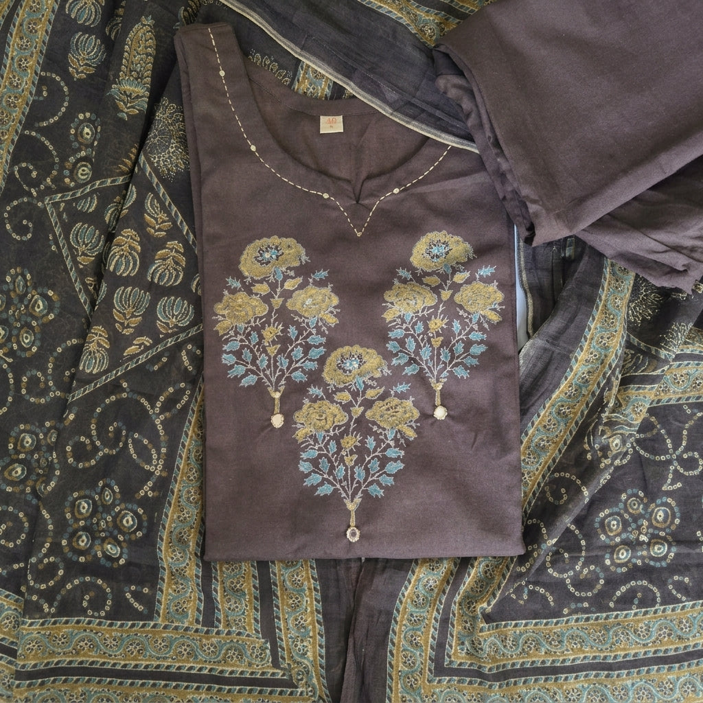 Coffee Brown Cotton Kurti With Mirror & Sequin Work