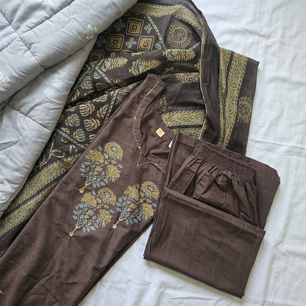 Coffee Brown Cotton Kurti With Mirror & Sequin Work