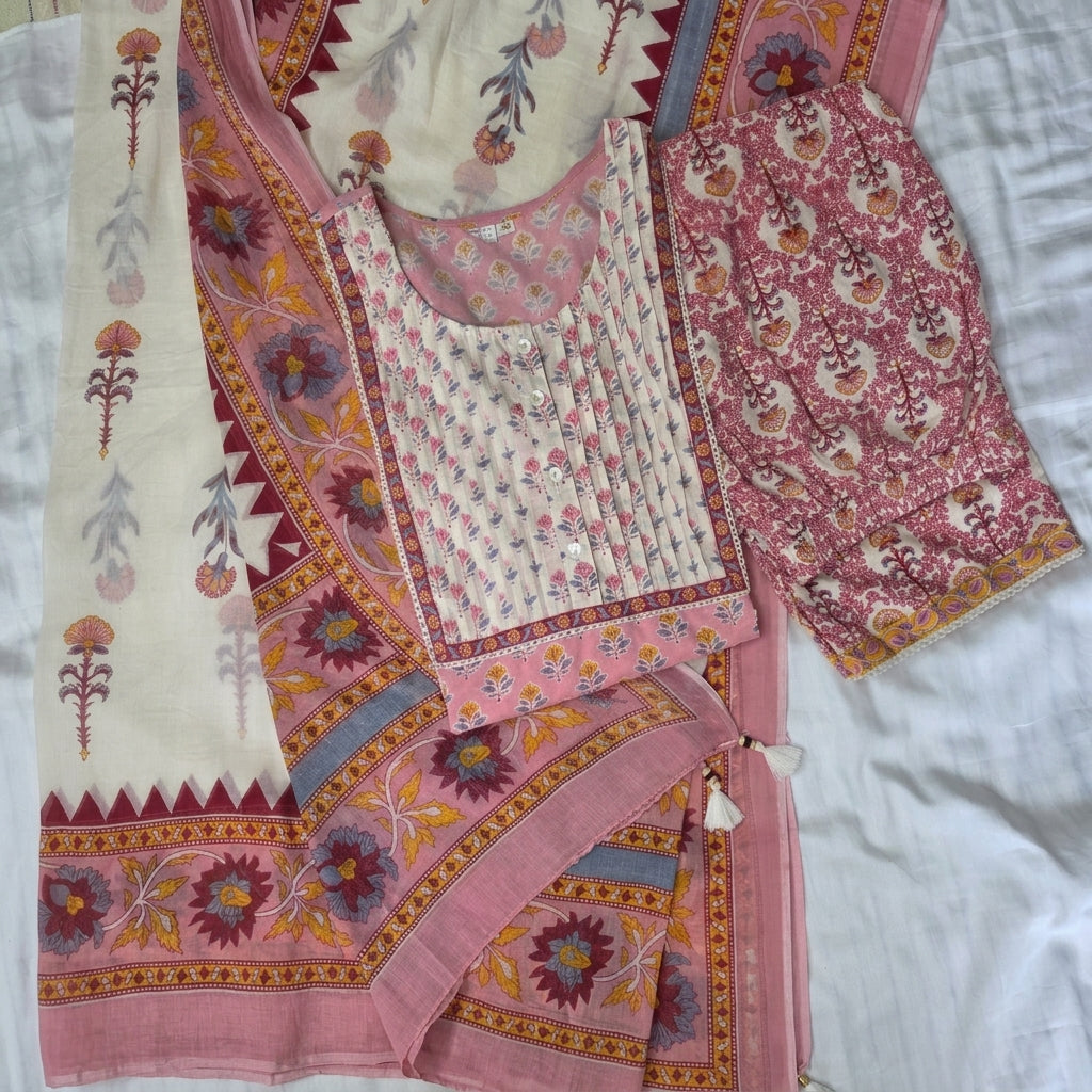 Pink Mul Cotton Pleated block print