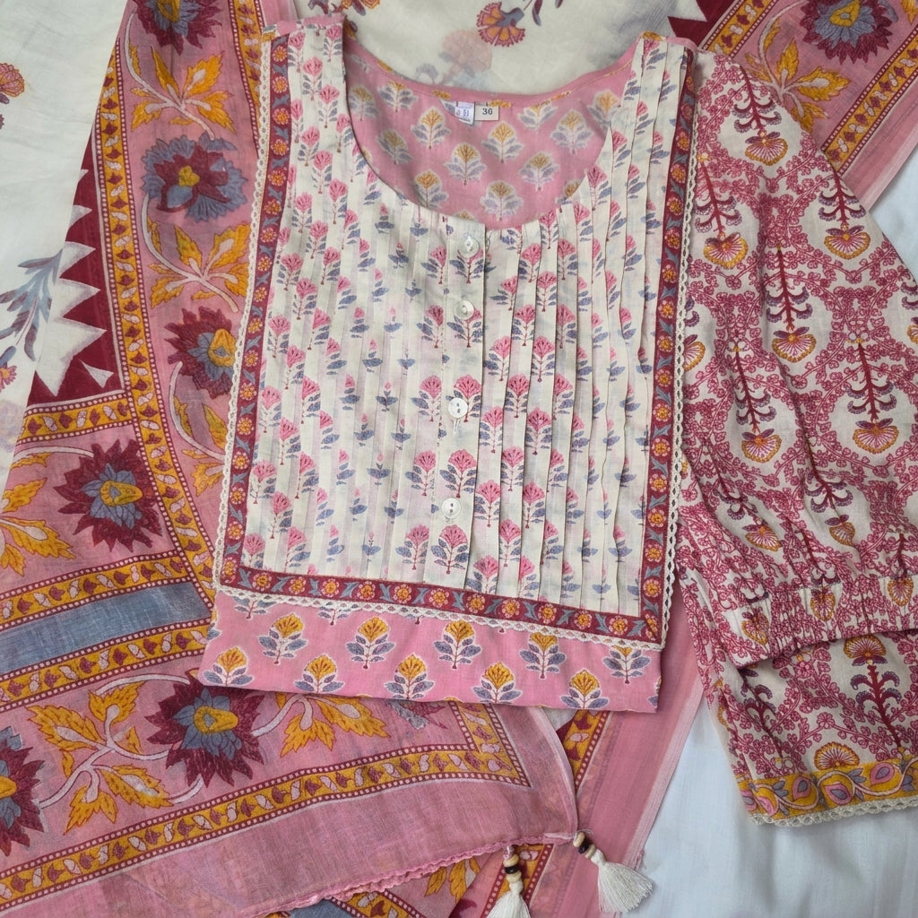 Pink Mul Cotton Pleated block print