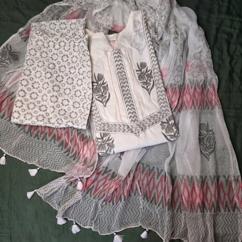 White Hand Block Pine Tree Kurta Set