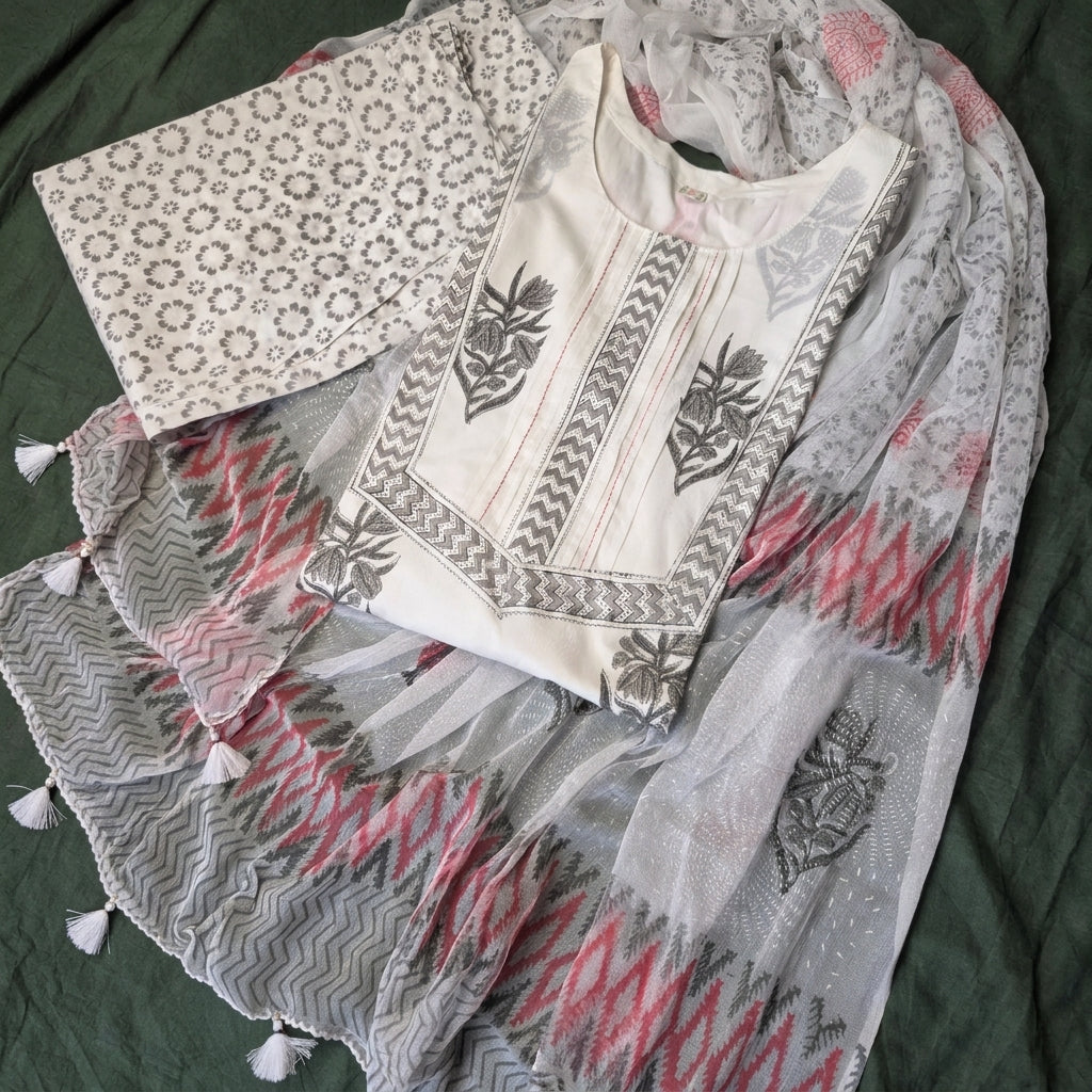 White Hand Block Pine Tree Kurta Set