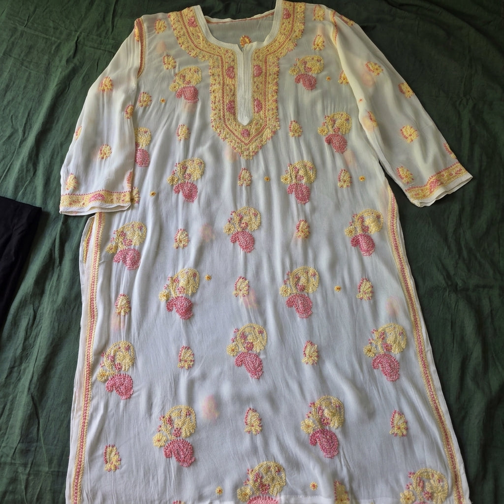 Yellow Pink Embroidery  On Cream Chikankari Kurta