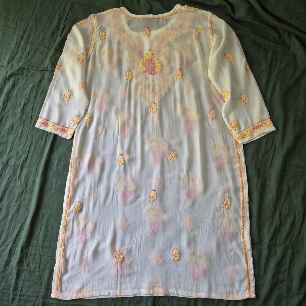Yellow Pink Embroidery  On Cream Chikankari Kurta