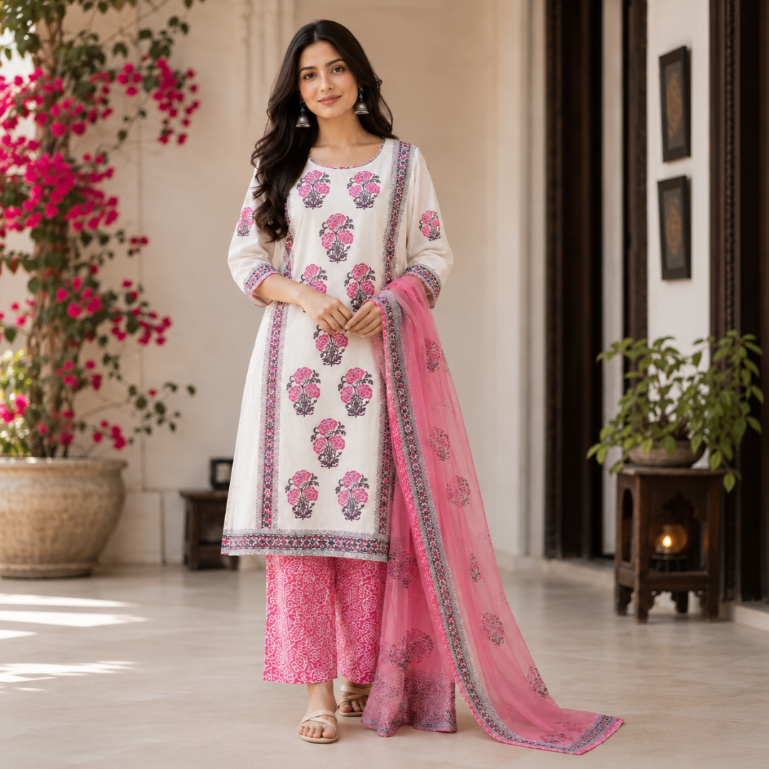 Pink And White Hand Block Cotton Dress Material