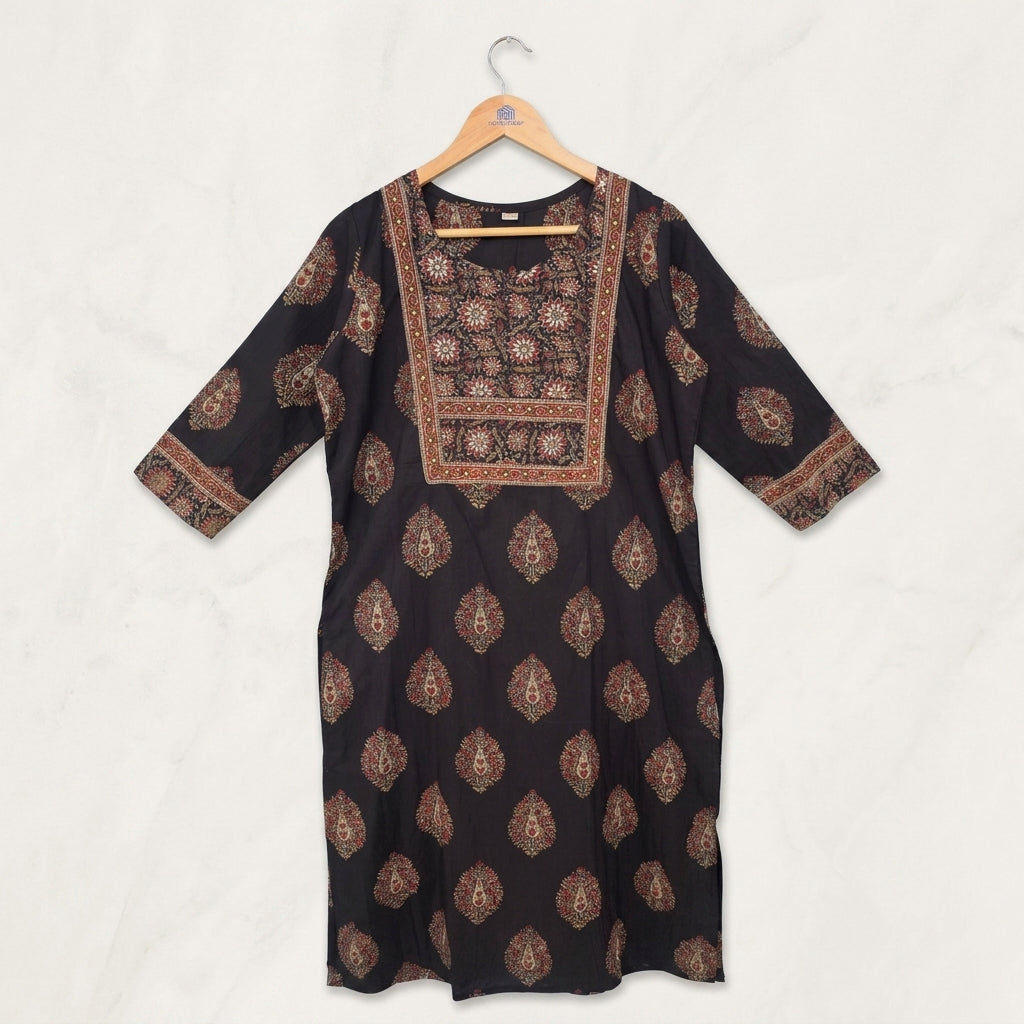 Black Jaipuri Embroidery Kurti