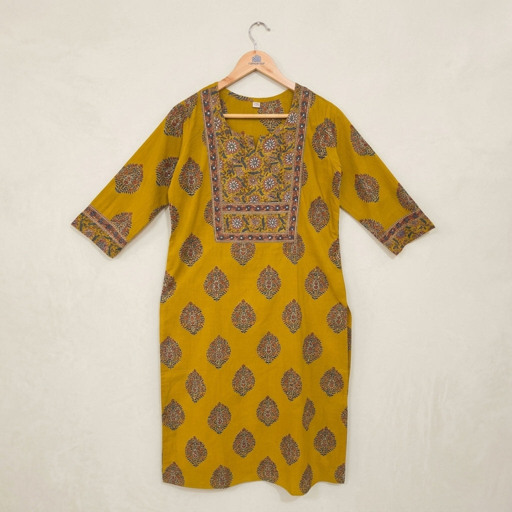 Yellow Hand Embroidery Kurti