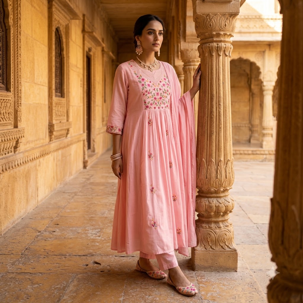 Pink Chanderi Embroidered Jaipuri Kurta Set
