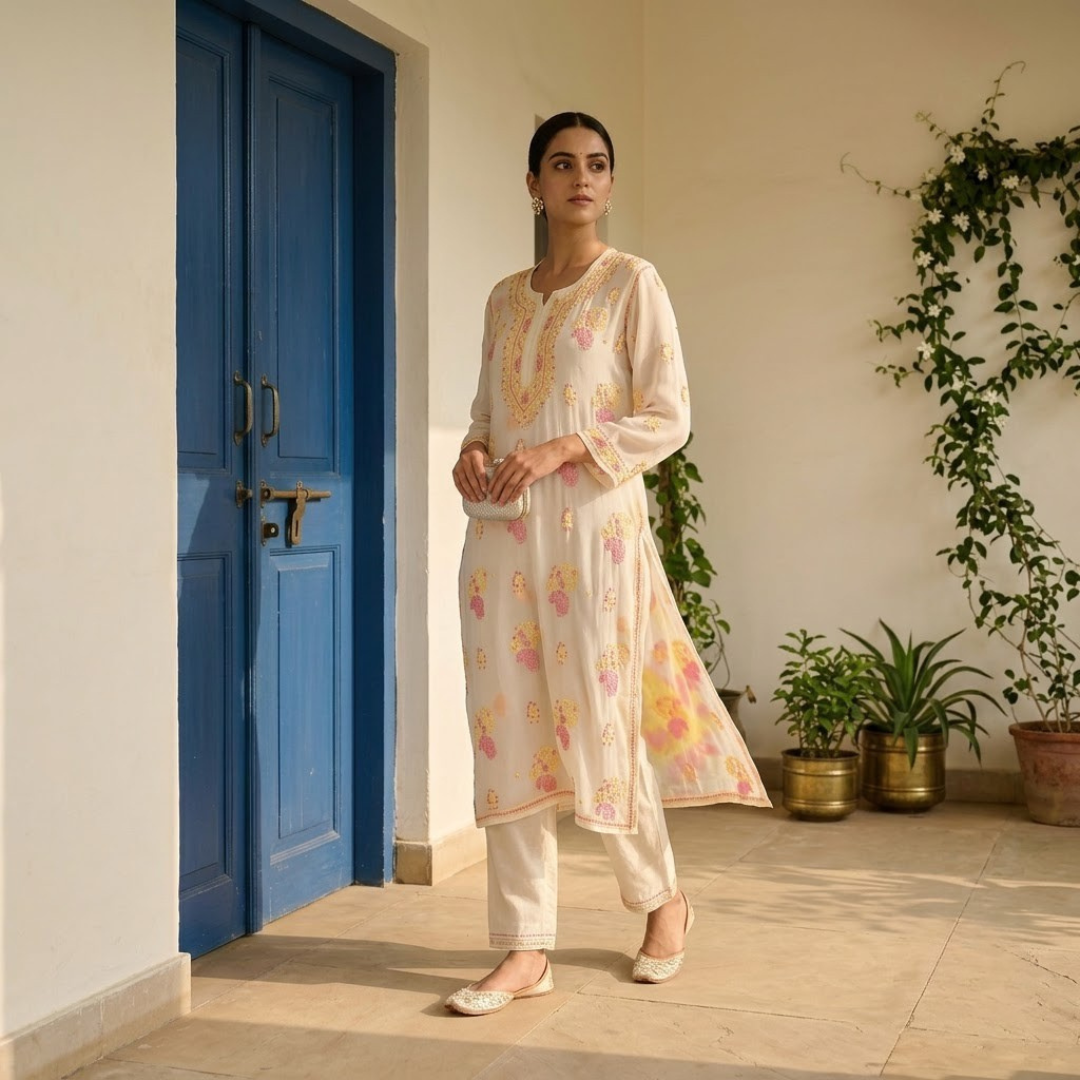 Yellow Pink Embroidery  On Cream Chikankari Kurta