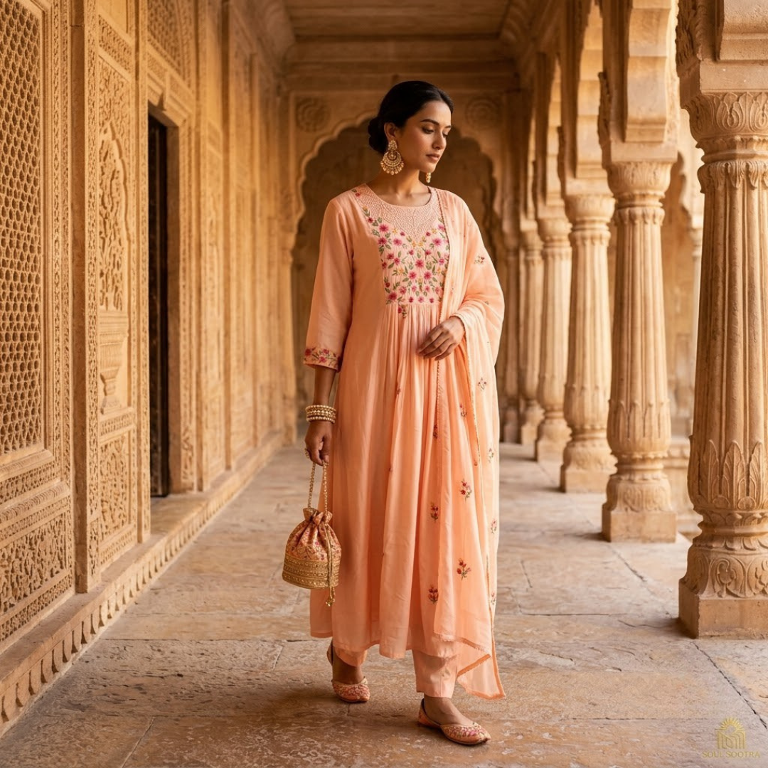 Peach Chanderi Embroidered Jaipuri Kurta Set