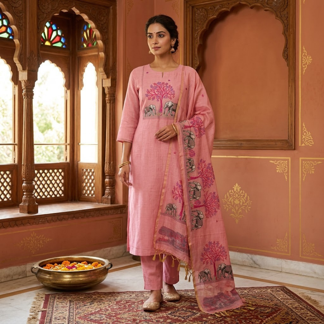 Pink Jamdani Muga cotton Suit Set