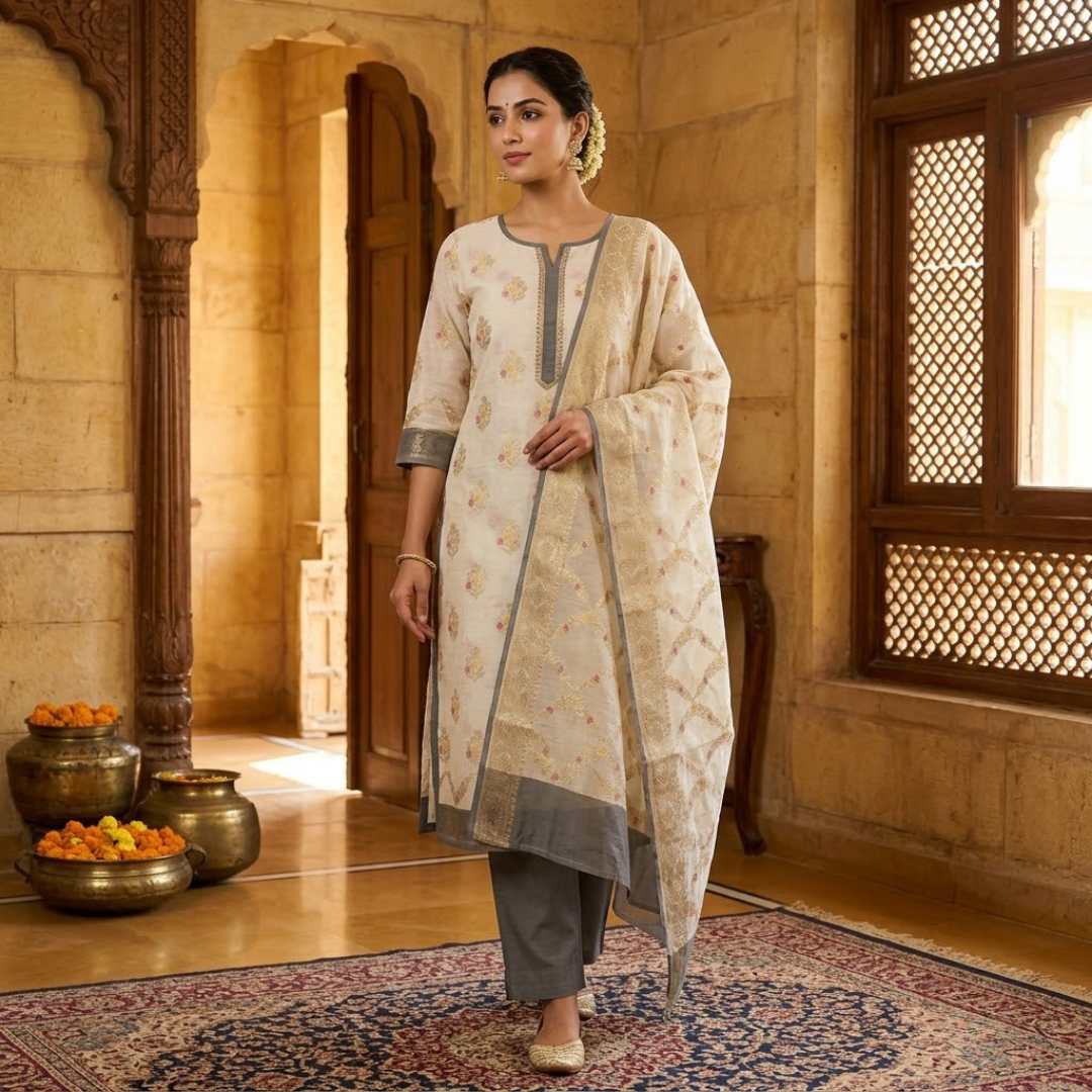 Cream Grey Banarasi Handwoven Silk Cotton suit set