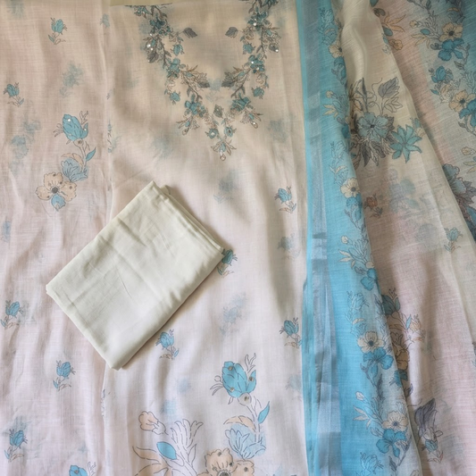 Cream With Blue Floral Print Cotton Voile Unstitched Suit Set