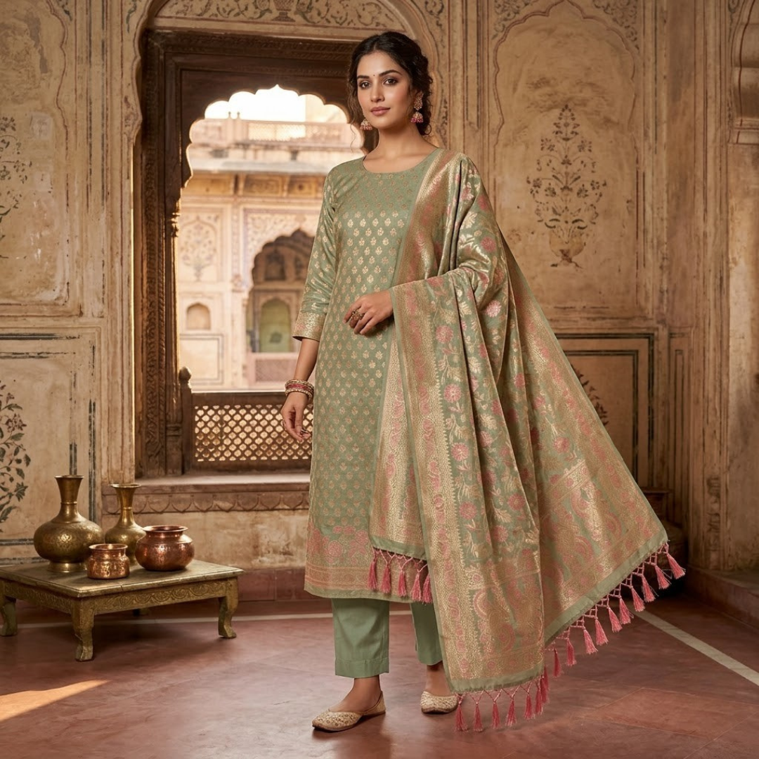 Green Pink Banarasi Handwoven Silk Cotton suit set