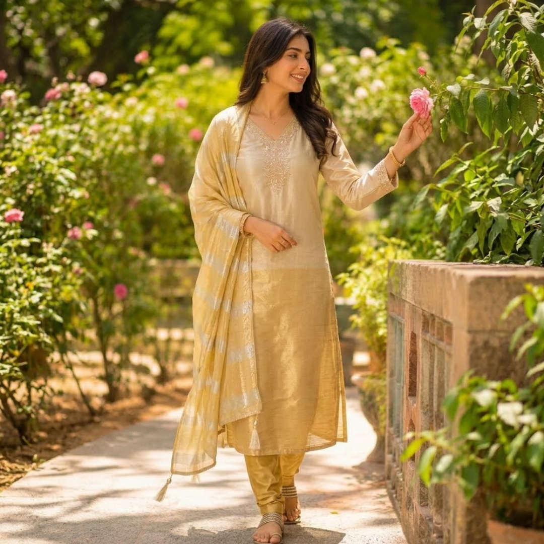 Beige and Golden Tissue Silk 3-Piece Kurta Set