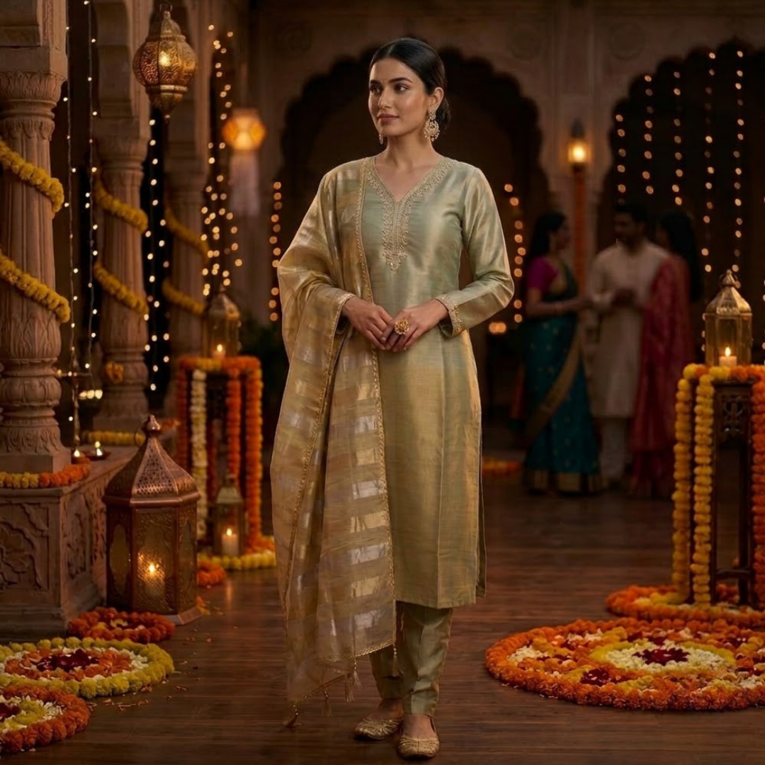 Olive Green & Golden Tissue Silk 3-Piece Kurta Set