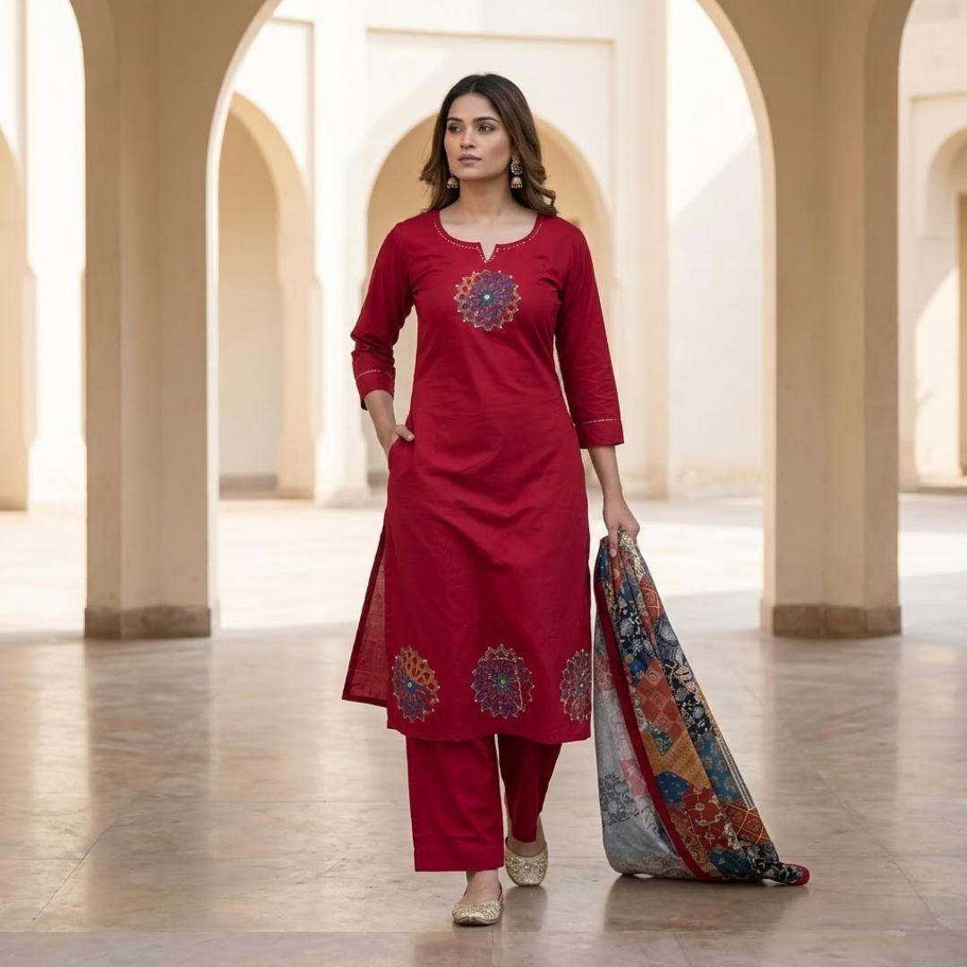Red Cotton Jaipuri Kurti Set