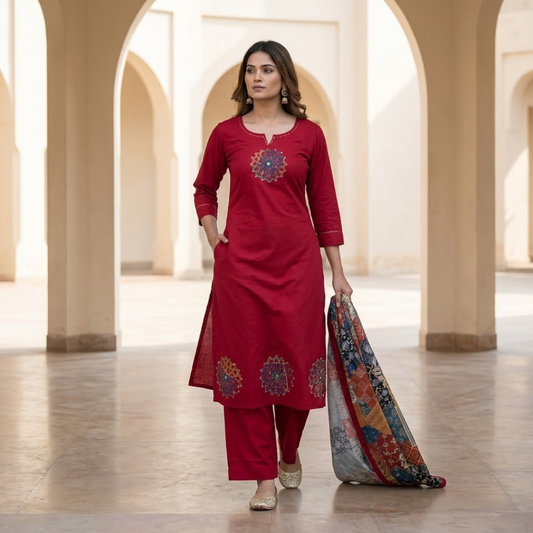 Red Cotton Jaipuri Kurti Set