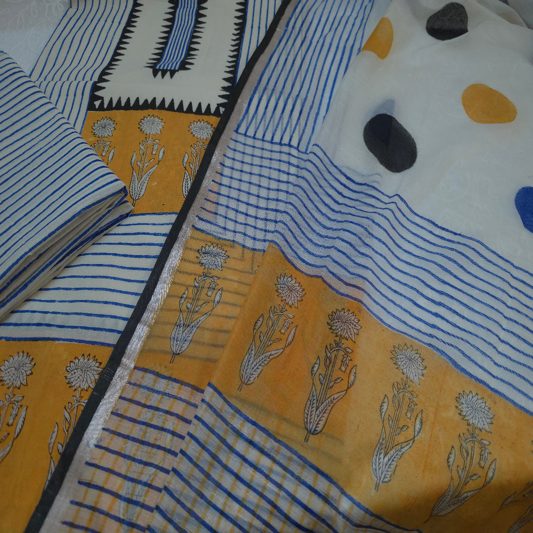 White And Blue Geometric Hand Block Print Dress Material