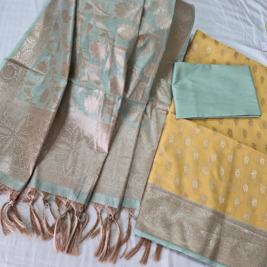 Yellow Green Banarasi Handwoven Silk Suit Set