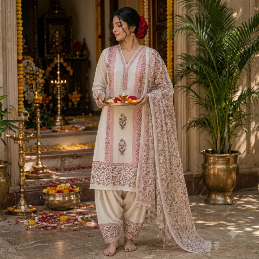 Cream and Peach Floral Handblock Print Dress Material