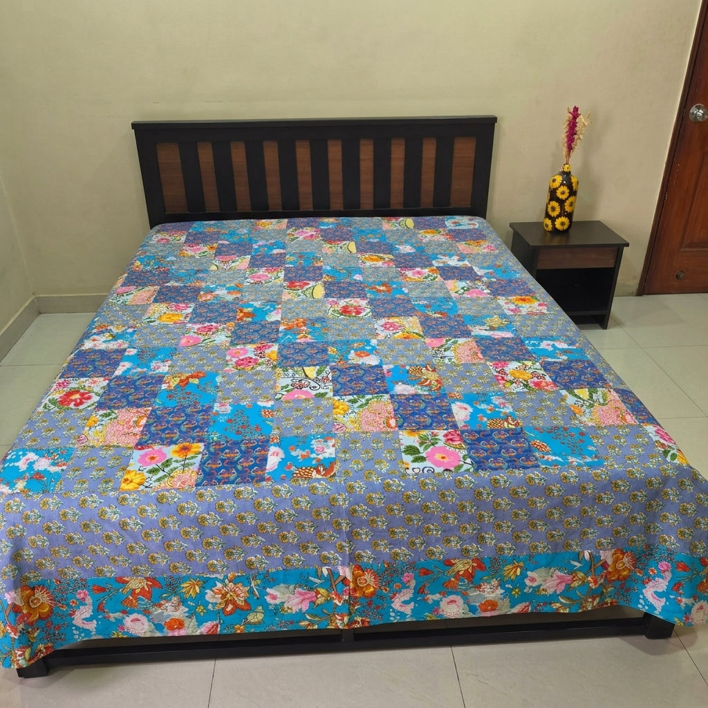 Jaipur blue floral pathwork double bedsheet