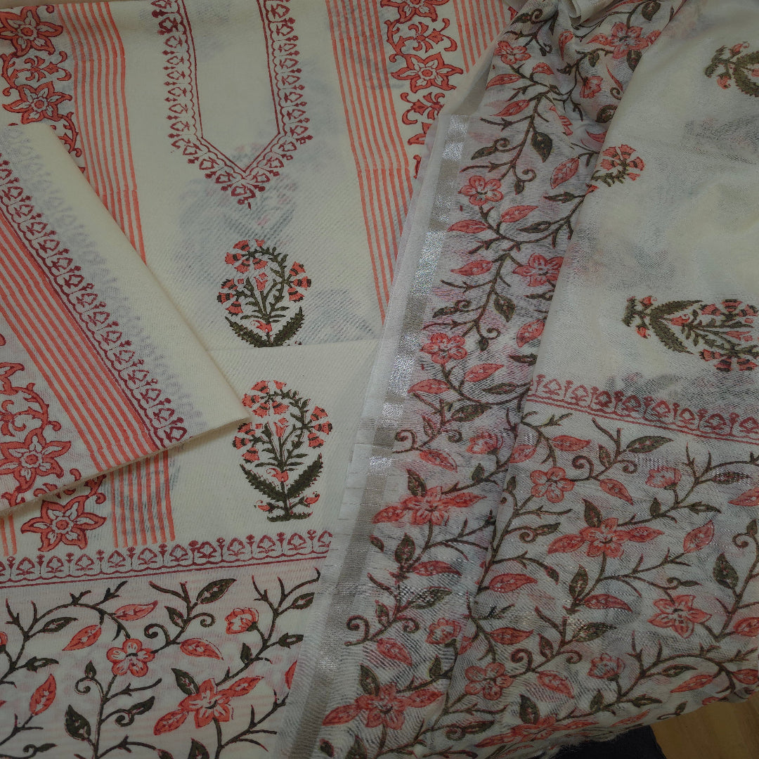 Cream and Peach Floral Handblock Print Dress Material