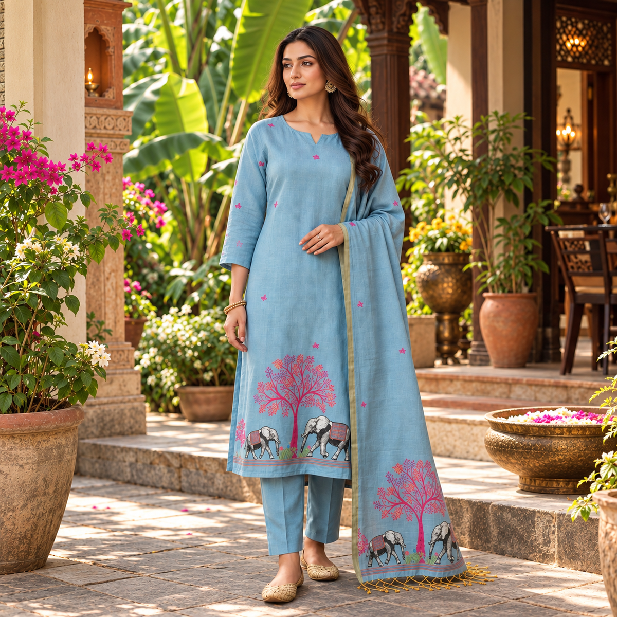 Blue Jamdani Muga Cotton