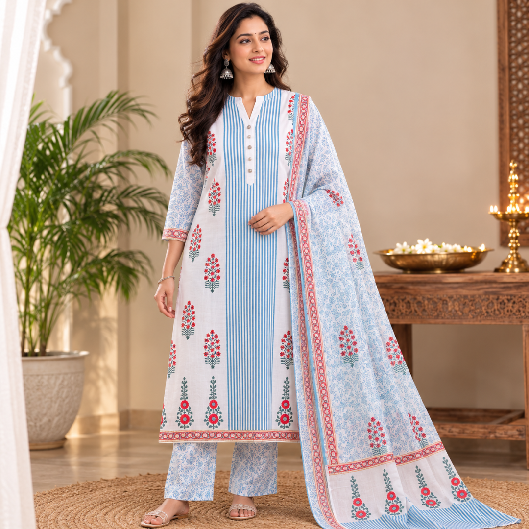 White With Floral Hand Block Print Dress Material