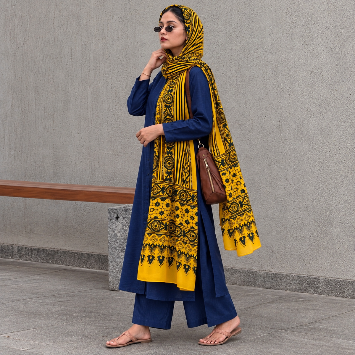 Ajrakh Modal Silk Yellow Stole
