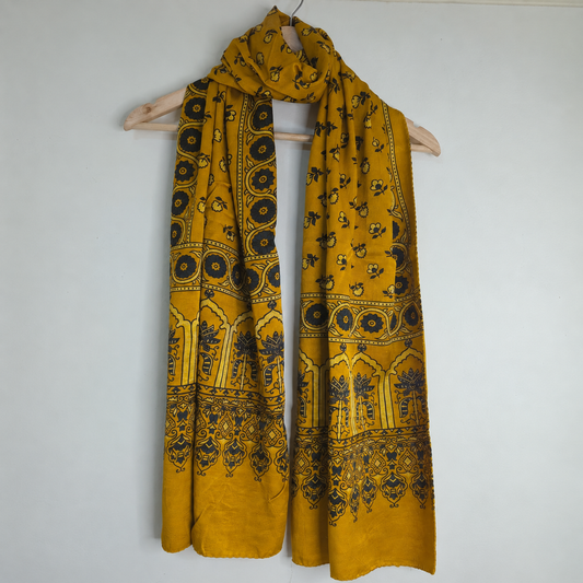 Ajrakh Mashru Silk Mustard Yellow Stole