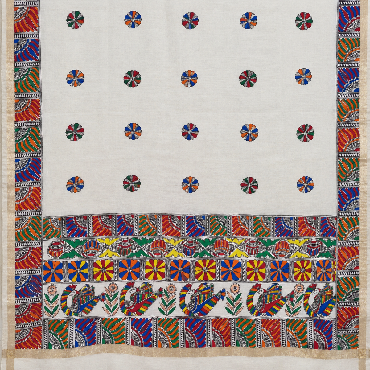 Madhubani Hand Painted Cream Colour Lotus Motif Dupatta