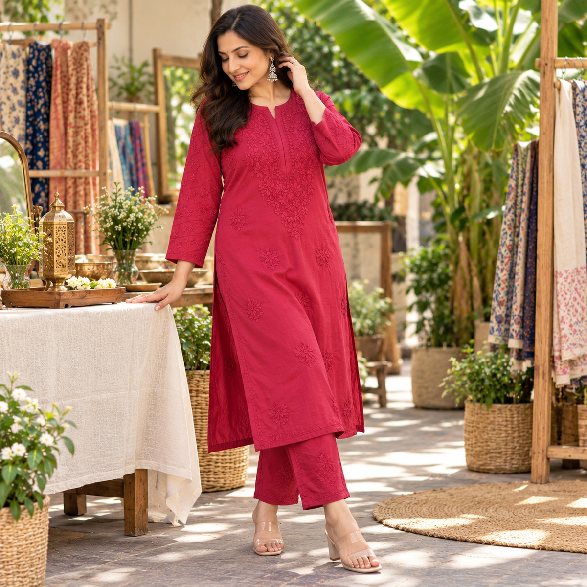 Marron Chanderi Silk Chikankari Kurta Set
