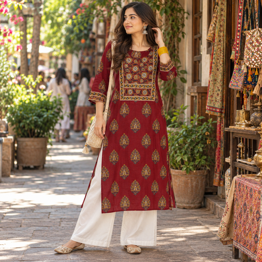 Jaipuri Maroon Embroidery Kurta
