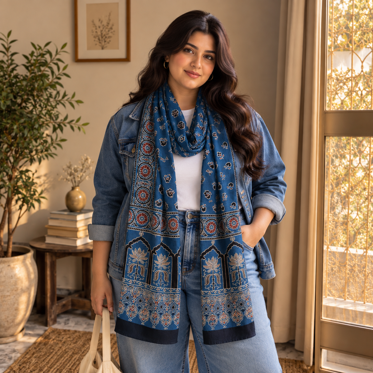 Ajrakh Mashru Silk Blue Stole