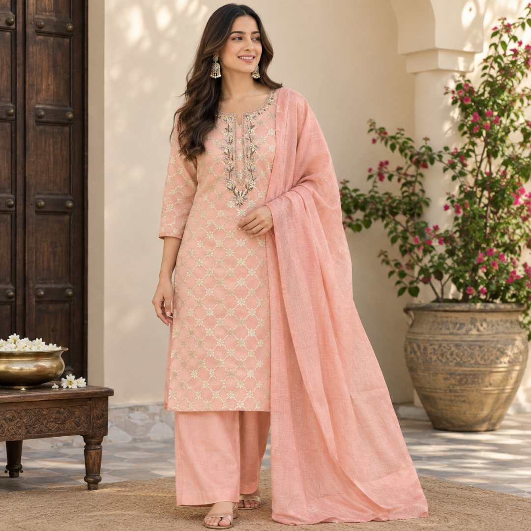Peach Chandari Silk Dress Material