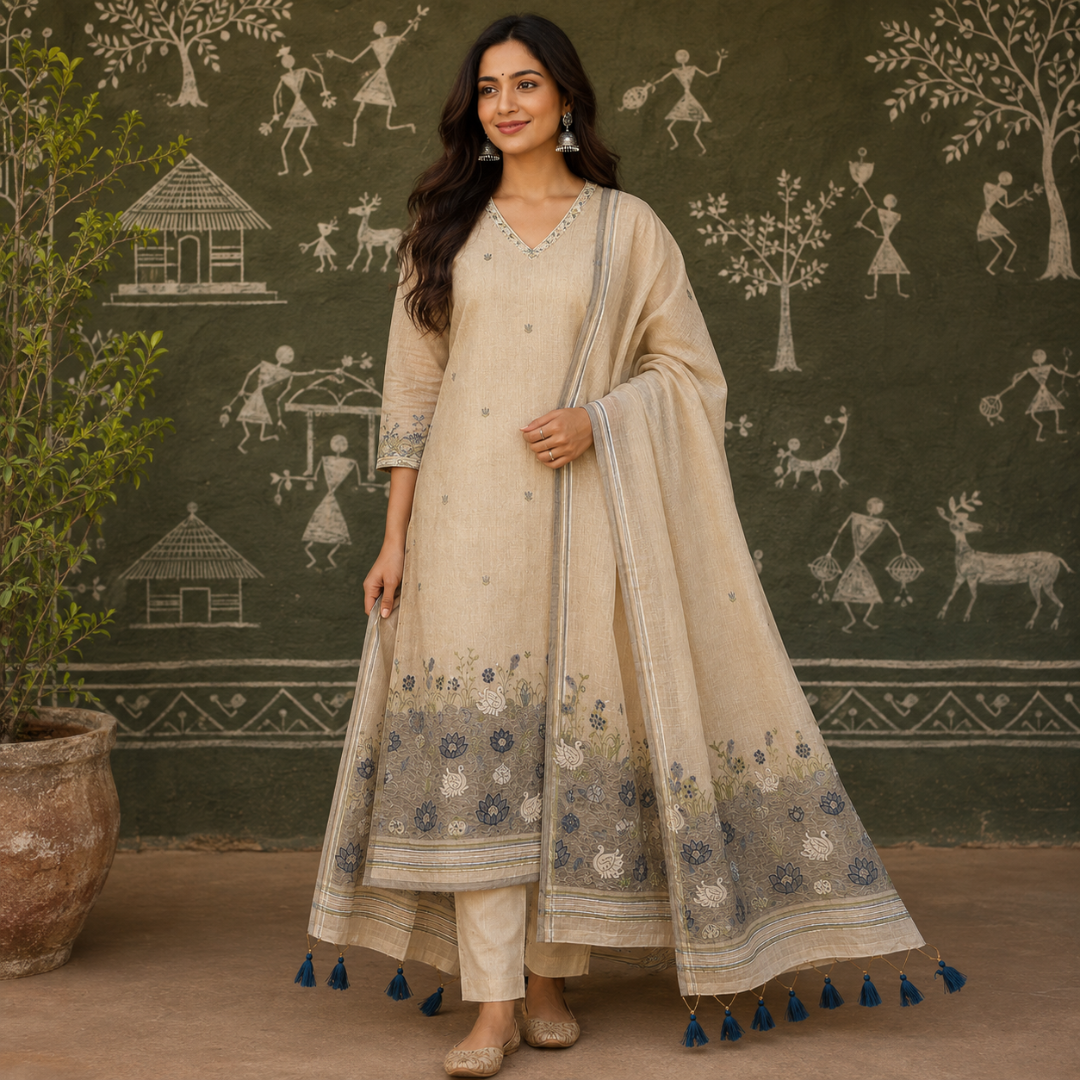 Jamdani Chappa Silk Swan Design Embroidered Suit Sets