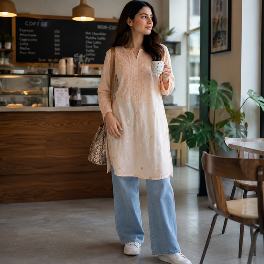 Cream Chikankari Chanderi Silk Short Kurta